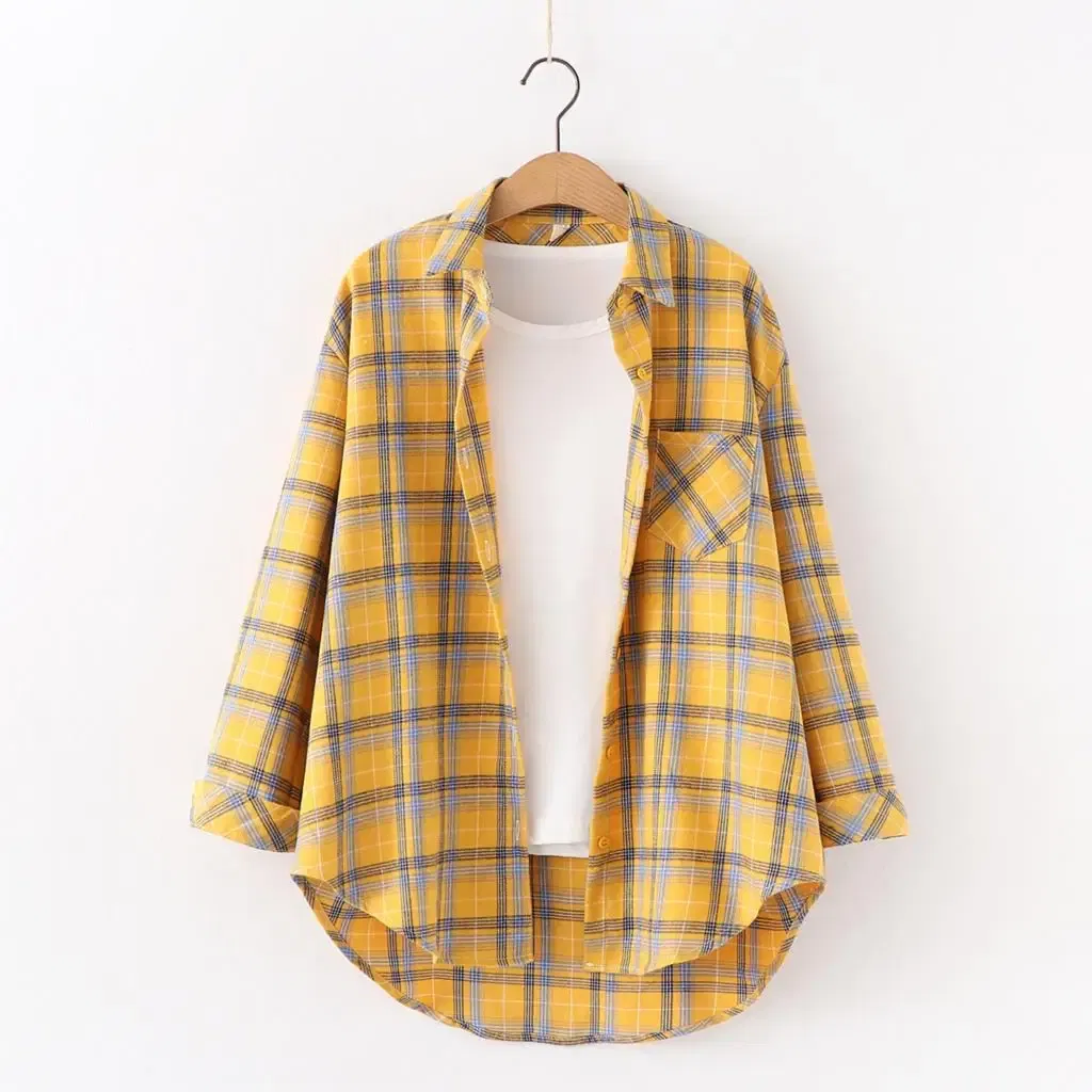 Color: green, Size: S - Fresh Flannel Plaid Shirt Women 2024 New Female Blouses and Tops Cotton Loose Long Sleeve Casual Shirts Fine Women's Clothes