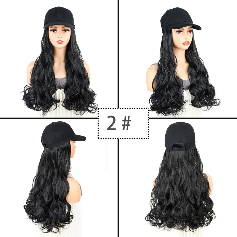 Color: #2 - 20Inch Synthetic Long Curly Hat Wig Baseball Cap Black Brown Hairpiece Adjustable Hat Wigs for Women