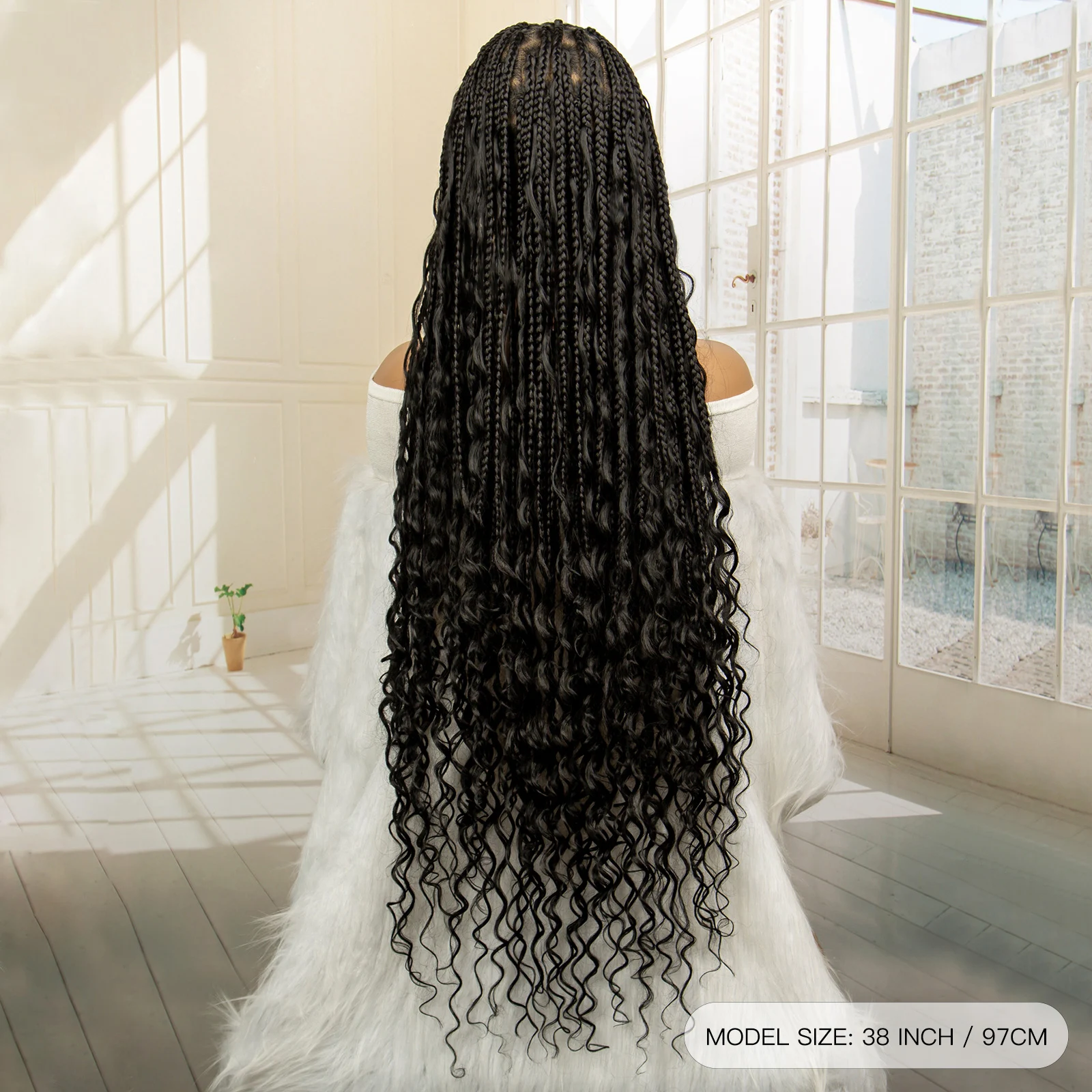 360?° HD Full Lace Synthetic Braided Wigs for Women Knotless Boho Braids Wig Box Braid Wig with Boho Curls Blended Braiding Wigs