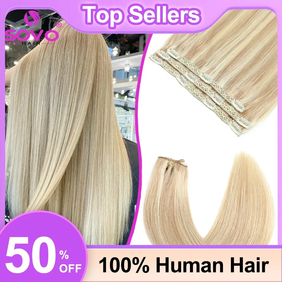 Color: P4/6/27, Length: 14 inches - SOVO Clip In Hair Extensions Human Hair 3 Pieces Bone Straight Clip Ins Hair Extension 60-90G Real Natural European Hair 12-26"