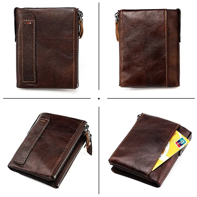 Color: Clear - Genuine Leather Short Men RFID Wallets Name Engraving Leather Card Holder Brand Men Purse Retro Coin Pocket Zipper Male Wallet