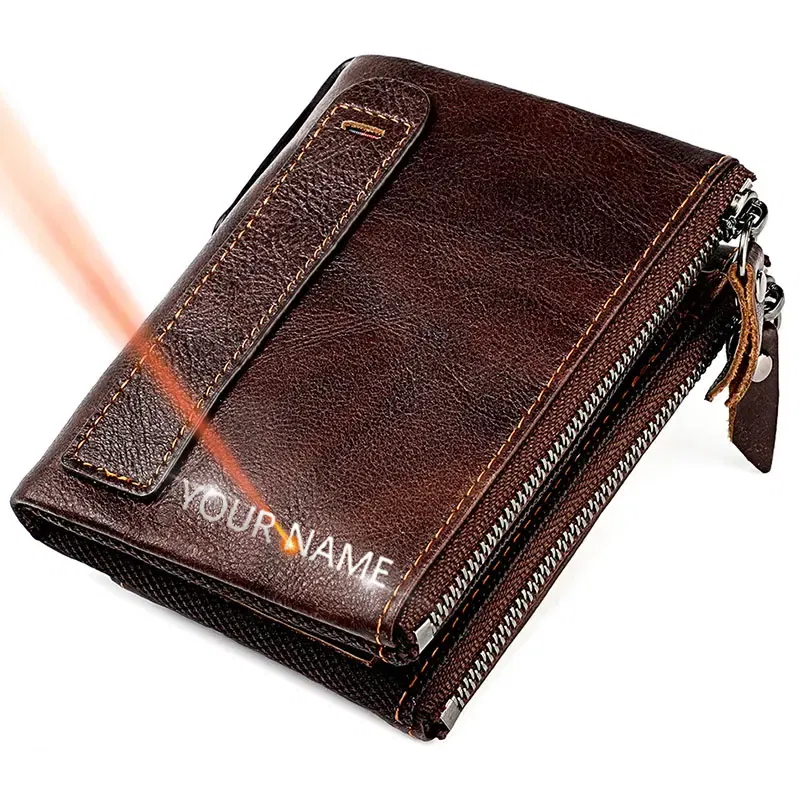 Color: Clear - Genuine Leather Short Men RFID Wallets Name Engraving Leather Card Holder Brand Men Purse Retro Coin Pocket Zipper Male Wallet