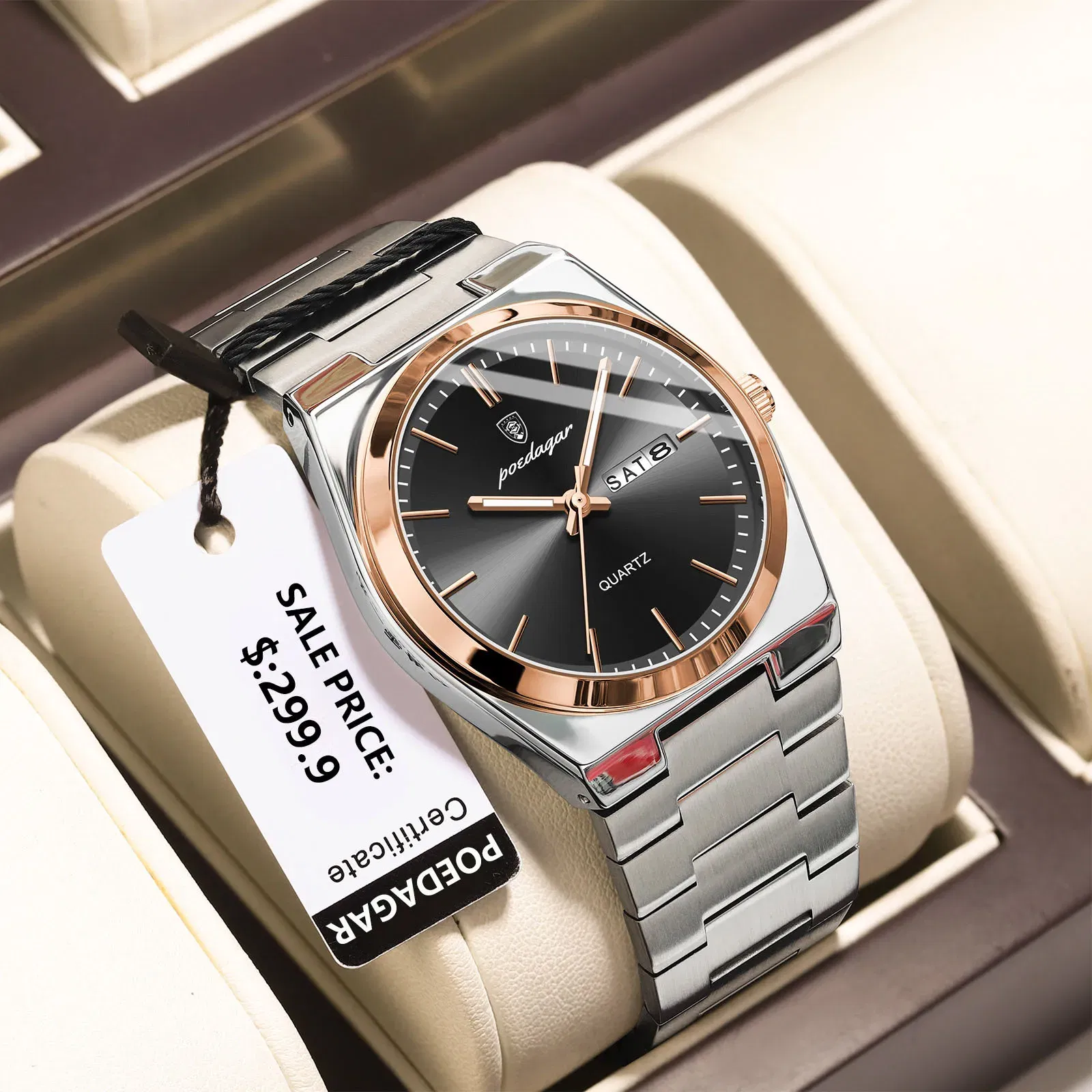 Color: Brown - POEDAGAR Luxury Watch For Man Waterproof Luminous Date Week Stainless Steel Men Watch Casual Quartz Men's Watches Male Clock+box
