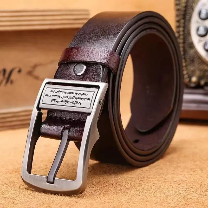 Color: army green, Belt Length: 110cm - New Leather Cowhide Men's Belt Fashion Metal Alloy Pin Buckle Adult Luxury Brand Jeans Business Casual Waist Male Strap Brand