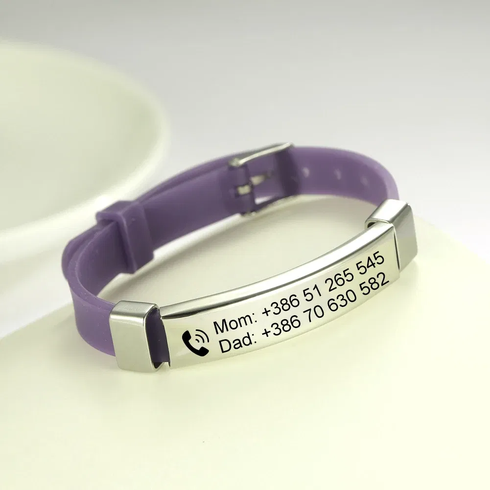 Metal Color: Green Dragonly, Length: 17cm - Personalized ID Bracelet Kids Children Adjustable Soft Silicone Stainless Steel Pendant Emergency Name Phone Custom Bracelets