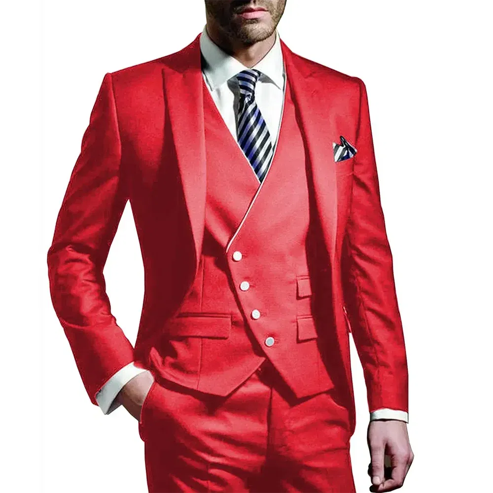 Color: Red, Size: XS?€old?‰, Ships From: CHINA - White Men Wedding Suits Groom Wear Peak Lapel Wedding Groom Tuxedos Business Party Suit 3 Pieces (Jacket+Vest+Pant?‰Costume Homme