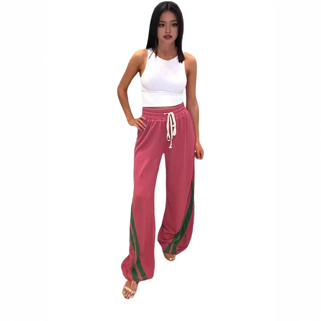Color: Red, Size: S - Women Wide Leg Pant Long Pants High Elastic Waist Elegant Splice Pocket Simple Casual Loose Straight Trousers Lace Up Streetwear