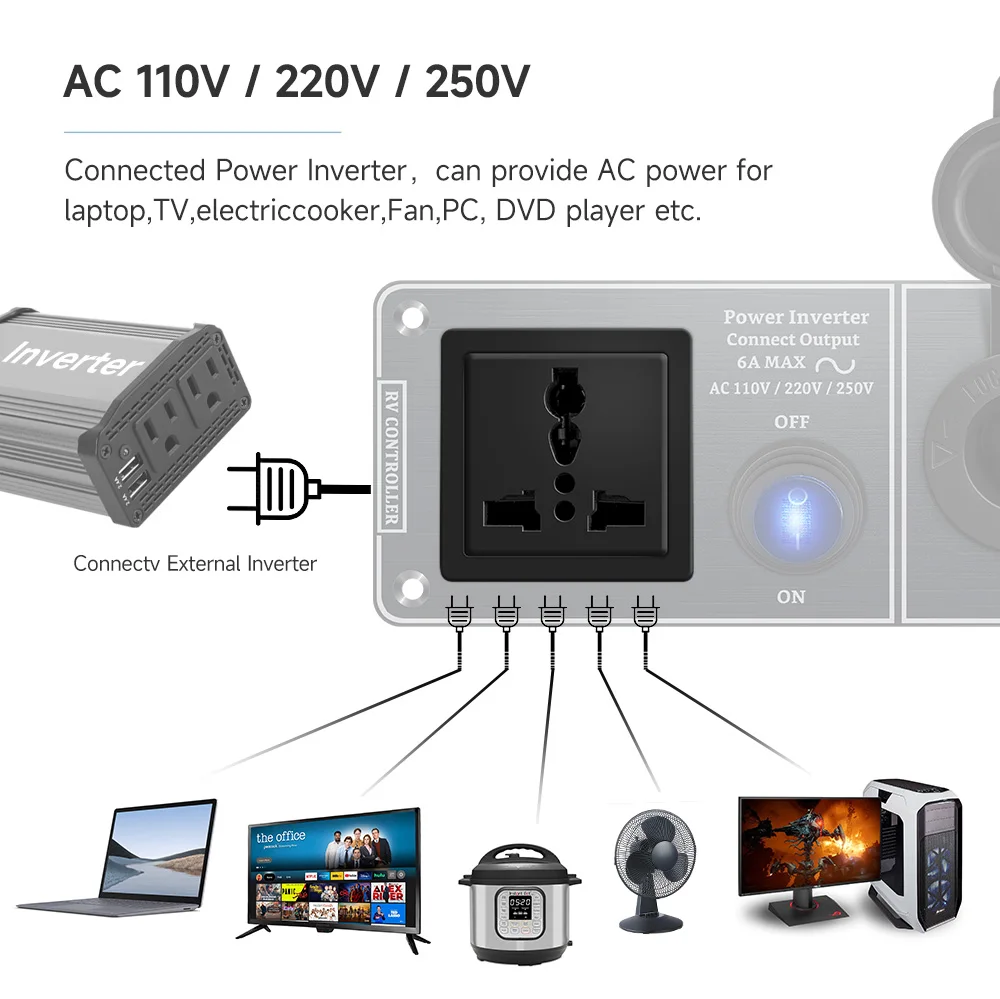 Color Name: Brown, Ships From: CHINA - Car Charger Multi-Functions Aluminum Panel Inverter AC110V 220V Dual Port USB QC3.0 12V 24V for RV Yacht Travel Trailers