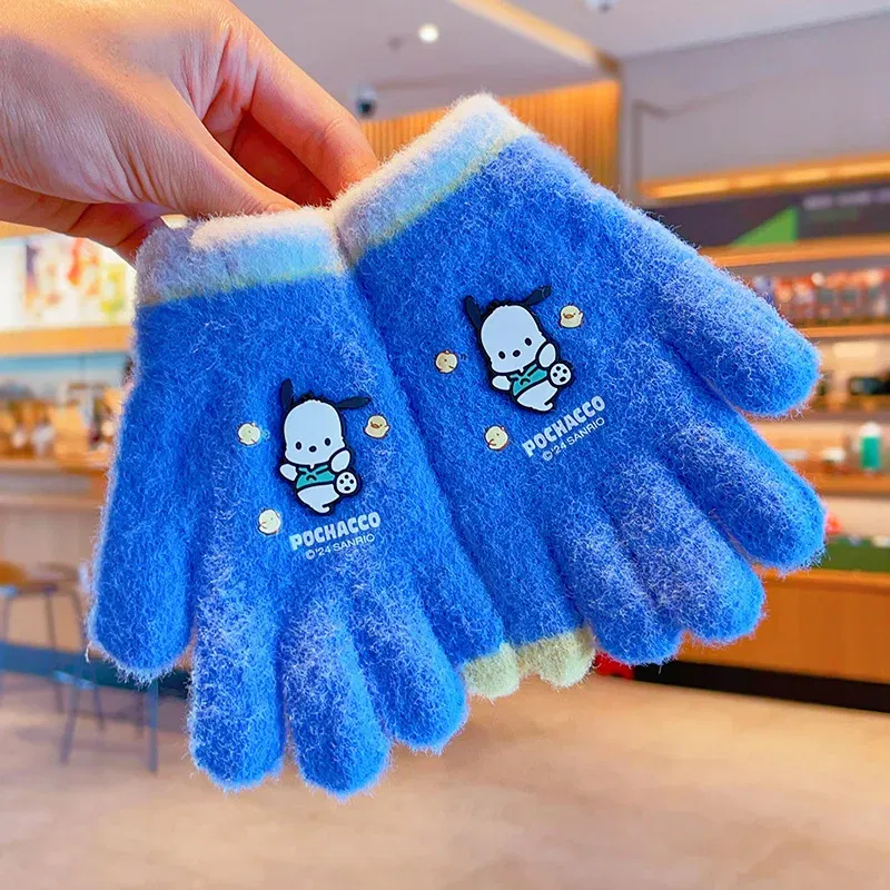 Color: Turquoise - Sanrio Gloves Kawaii My Melody Kuromi Cold-Proof Winter Finger Gloves Plush Screen Touch Warm Children Toddler Christmas Gifts