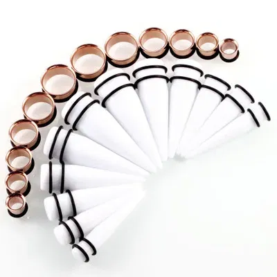 Metal color: Blue Zinc Plated - 24pcs/lot Acrylic Septum Stretching Kit Sector Expander Stainless Steel Ear Stretching Kit 10mm to 20mm Ear Plugs and Tunnels