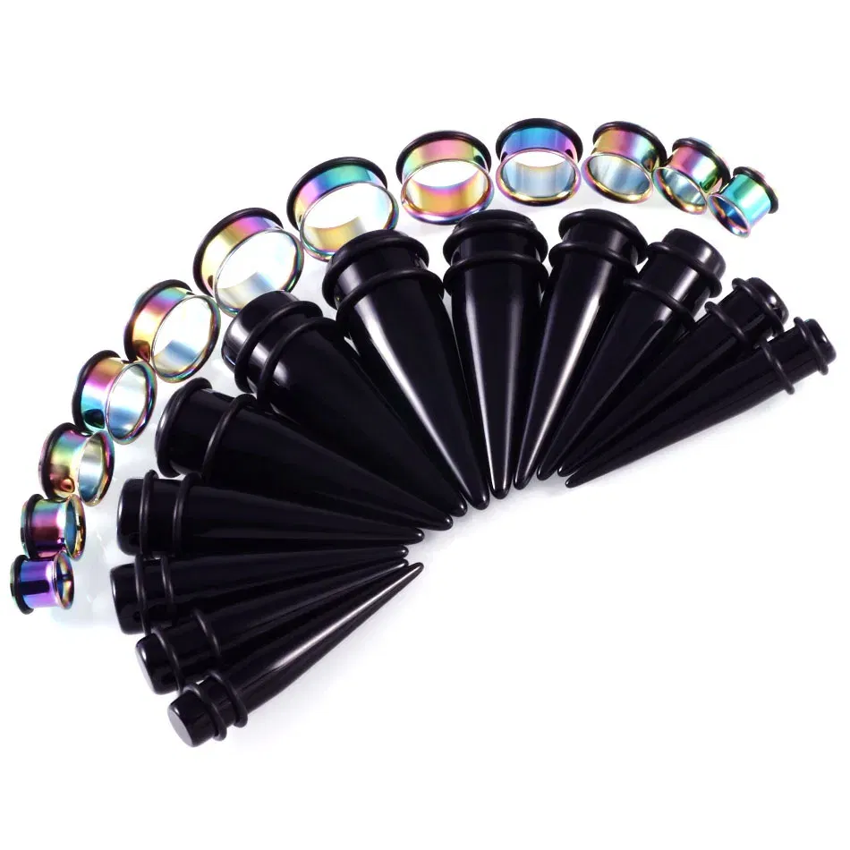 Metal color: Blue Zinc Plated - 24pcs/lot Acrylic Septum Stretching Kit Sector Expander Stainless Steel Ear Stretching Kit 10mm to 20mm Ear Plugs and Tunnels
