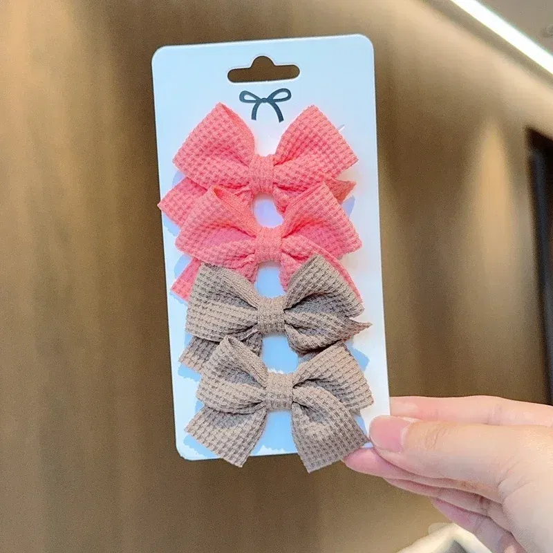 Color: Red - 4PCS Soft Cotton Bow Hairpin Girl Sweet Plaid Design Hairpin Color Block Delicate Hairgripe Barrettes Kawaii Child Accessories
