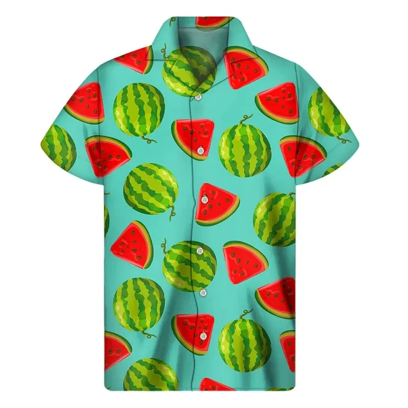 Color: Gold, Size: 5XL - Tropical Watermelon Graphic Hawaiian Shirt Summer Street Short Sleeves 3d Printed Fruits Button Shirts Men Clothes Lapel Blouse