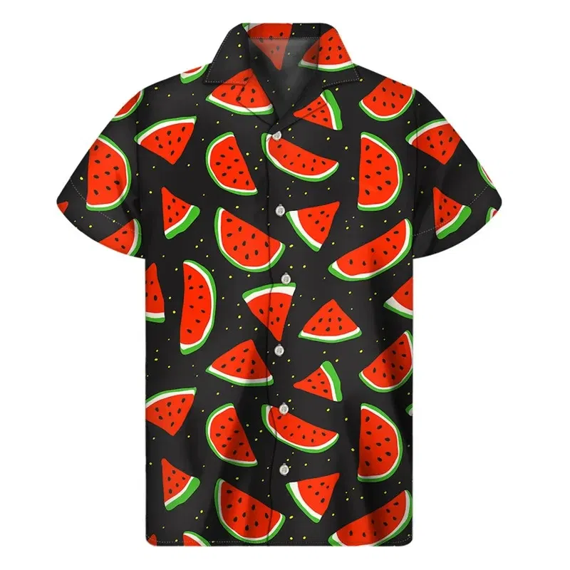 Color: Gold, Size: 5XL - Tropical Watermelon Graphic Hawaiian Shirt Summer Street Short Sleeves 3d Printed Fruits Button Shirts Men Clothes Lapel Blouse