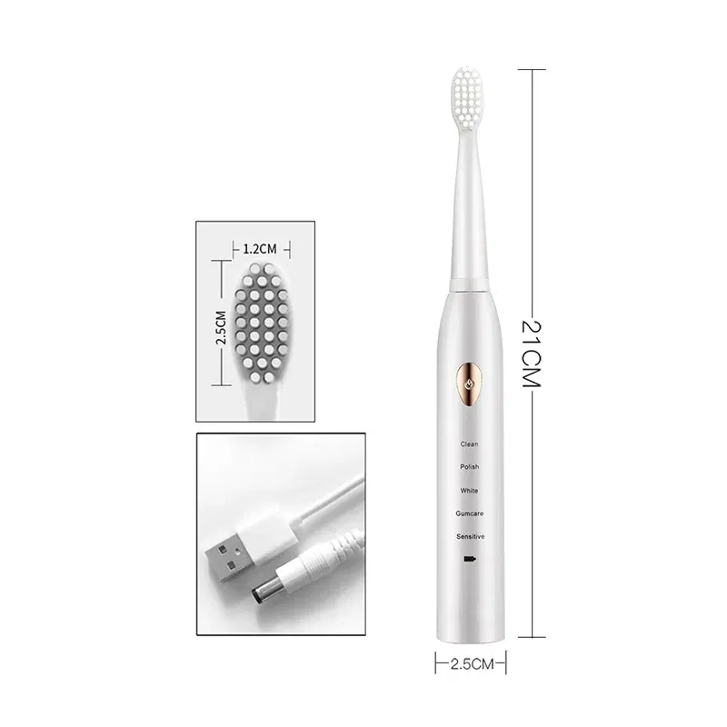 Color: transparent - Electric Toothbrush 5-gear Mode USB Charging 4 colors IPX7 Waterproof Ultrasonic Rechargeable Soft Hair Toothbrush Adult Classic
