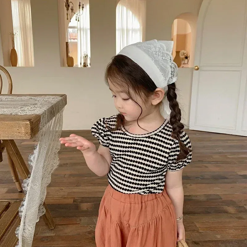 Color: Beige, Kid Size: 4 - 2024 Summer Baby Girls T-shirts Kids Girl Striped Puff Short-sleeve Tops Fashion Bowknot Backless Children Clothing Toddler Tees