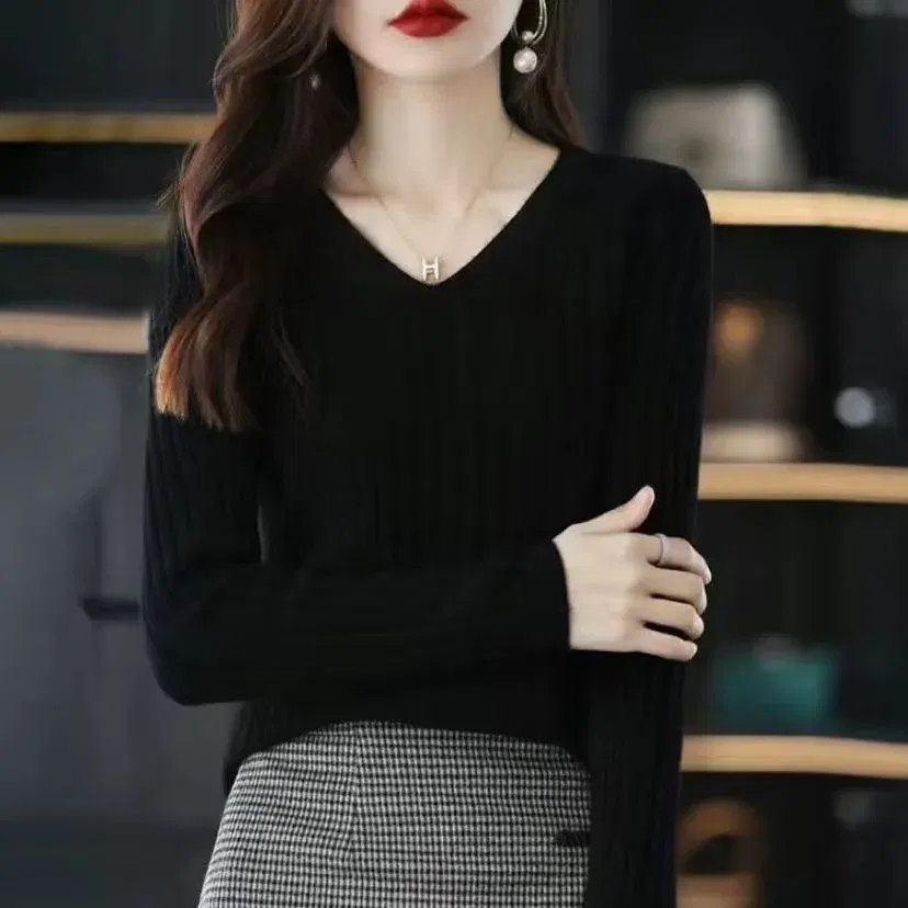 Color: Burgundy, Size: XL - Women Sweater Long Sleeve Top Knitted Pullover V-Neck Fashion Sweater Woman Winter Basic Female Clothing Soild OL Sweater DF4933