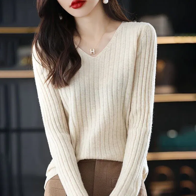 Color: Burgundy, Size: XL - Women Sweater Long Sleeve Top Knitted Pullover V-Neck Fashion Sweater Woman Winter Basic Female Clothing Soild OL Sweater DF4933