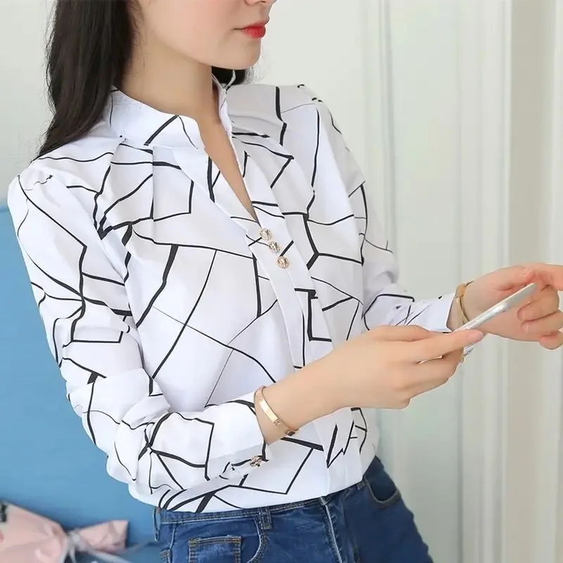 Color: SKY BLUE, Size: XL - Women White Tops Blouses Fashion Stripe Print Casual Long Sleeve Office Lady OL Shirts Slim Blusas DF4970