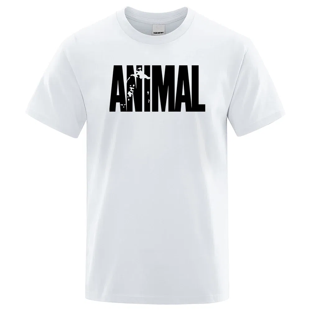 Color: GRAY, Size: S - Fashion ANIMAL Letter Print Men T-Shirts Street Funny Short Sleeves Loose Oversized T Shirt O-Neck Breathable Cotton Clothing