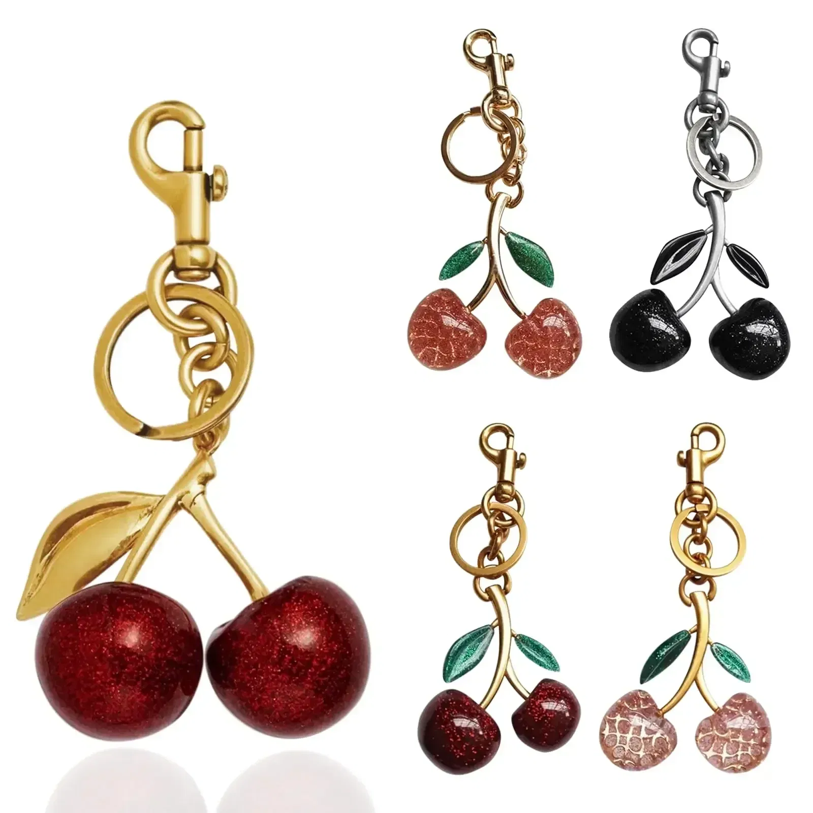 Color: Rose Gold - Cherry Bag Charm Cherry Keychain Charm Metal Accessory Sparkling Resin For Coach Purses And Bags, Red, Black, Pink