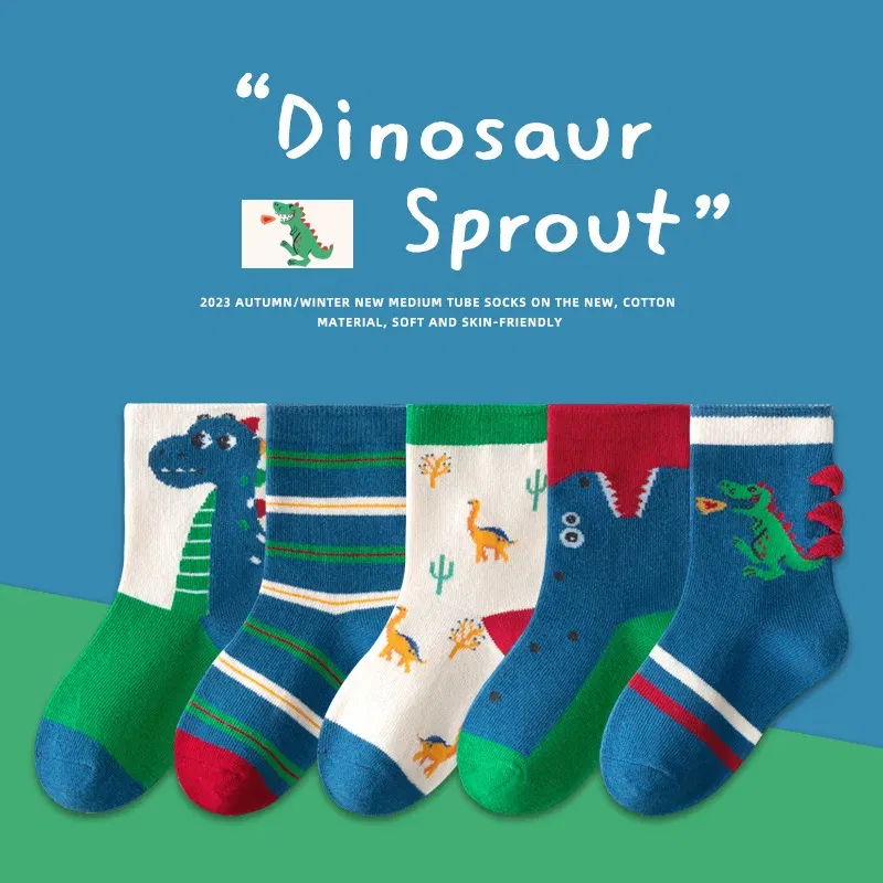 Color: Blue, Size: 2-3T - 5 Pairs/pack Autumn Socks Children's Cotton Socks Cartoon Dinosaur Pattern Kids Boys Crew Socks