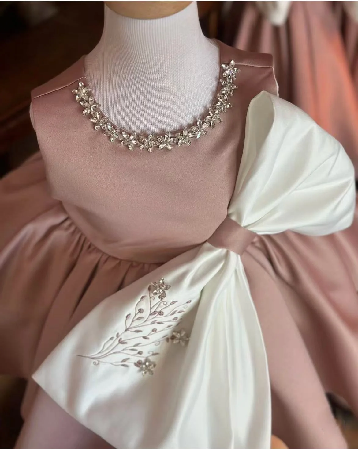 Color: Brown, Kid Size: 24 - 0-12Y Baby Girl Summer Diomand flower Embroidery Pink Dress with Big Bow for Casual Party Holiday B37