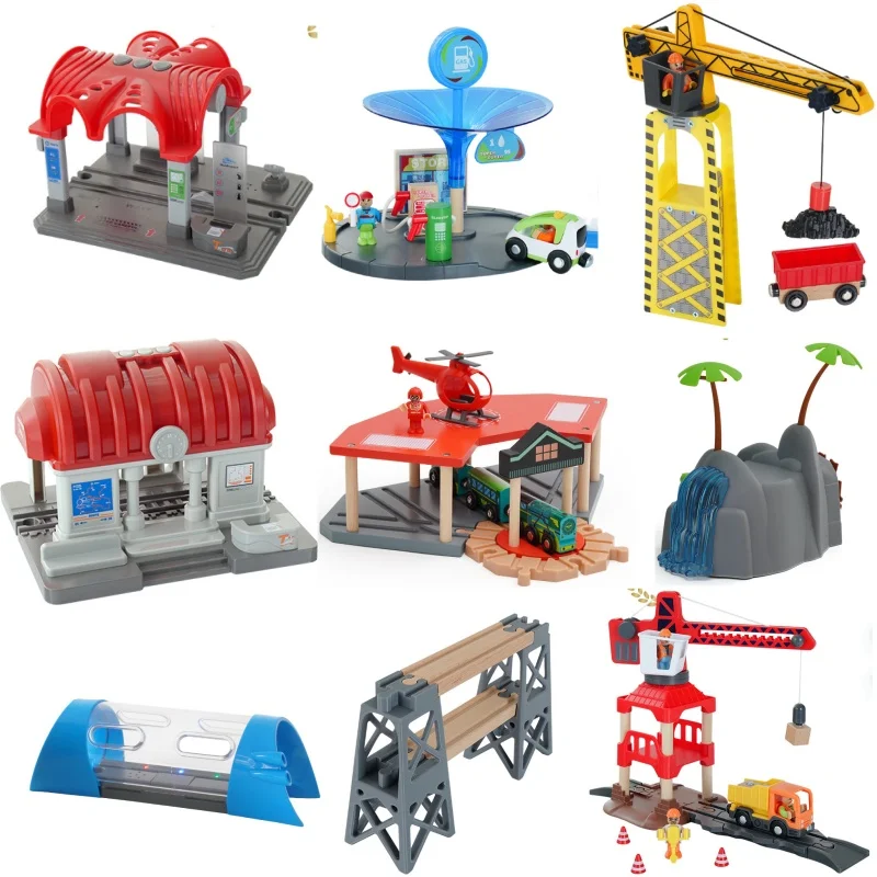 Color: black - Wooden Train Tracks Railway Toys Set Parking lot apron fire station gas station rotary crane Overpass Model for Kids Toys Gifts