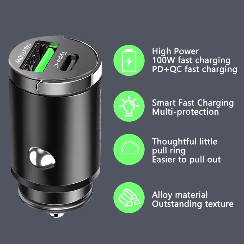 Plug Type: CH - Mini 100W USB Car Charger Dual Ports Pull Ring Fast Charge Type C PD Car Adapter For iphone Samsung Huawei Xiaomi iPad