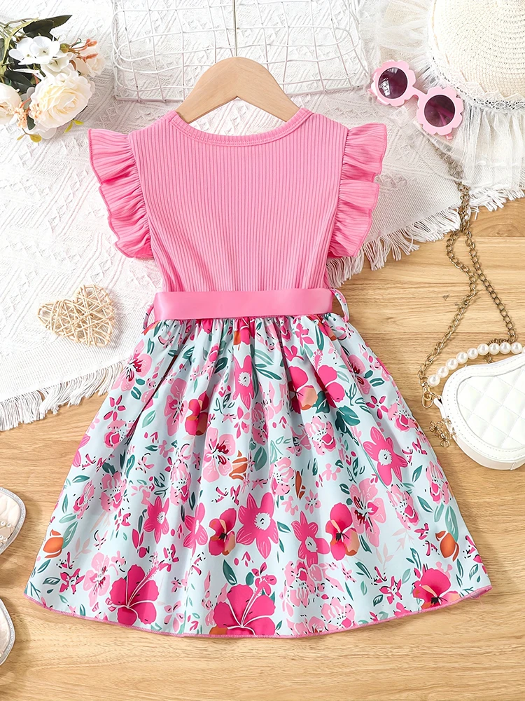 Color: Red, Kid Size: 2T - Sweet Girls Splicing Flower Print Flutter Trim Ribbed Belted Dress