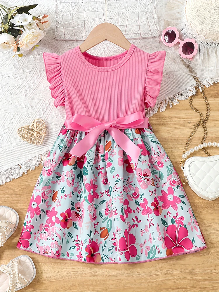 Color: Red, Kid Size: 2T - Sweet Girls Splicing Flower Print Flutter Trim Ribbed Belted Dress