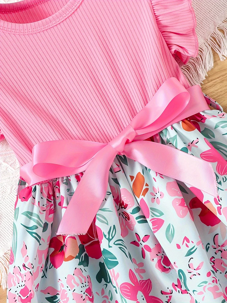 Color: Red, Kid Size: 2T - Sweet Girls Splicing Flower Print Flutter Trim Ribbed Belted Dress