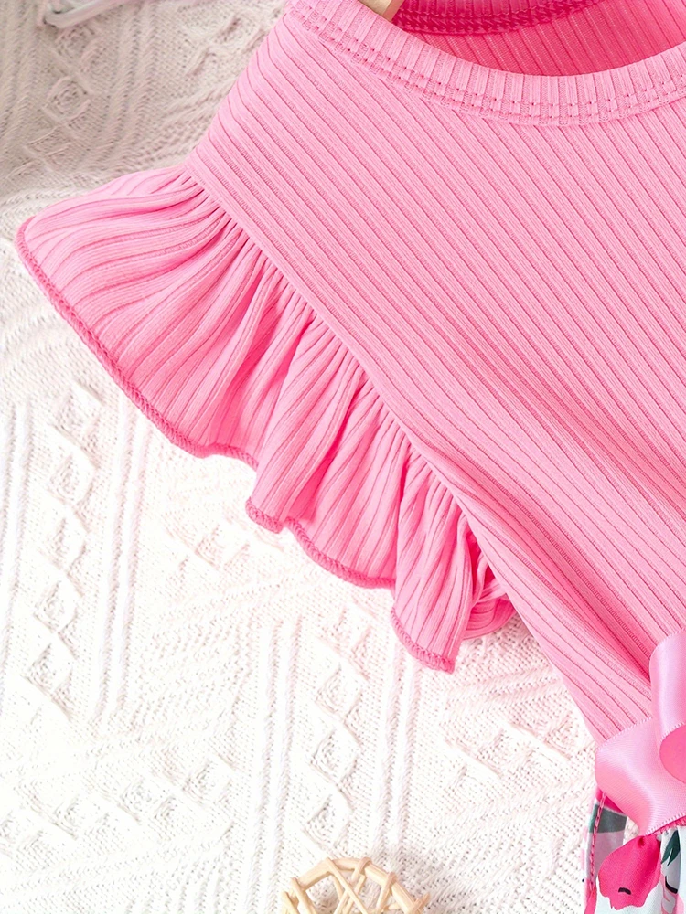 Color: Red, Kid Size: 2T - Sweet Girls Splicing Flower Print Flutter Trim Ribbed Belted Dress