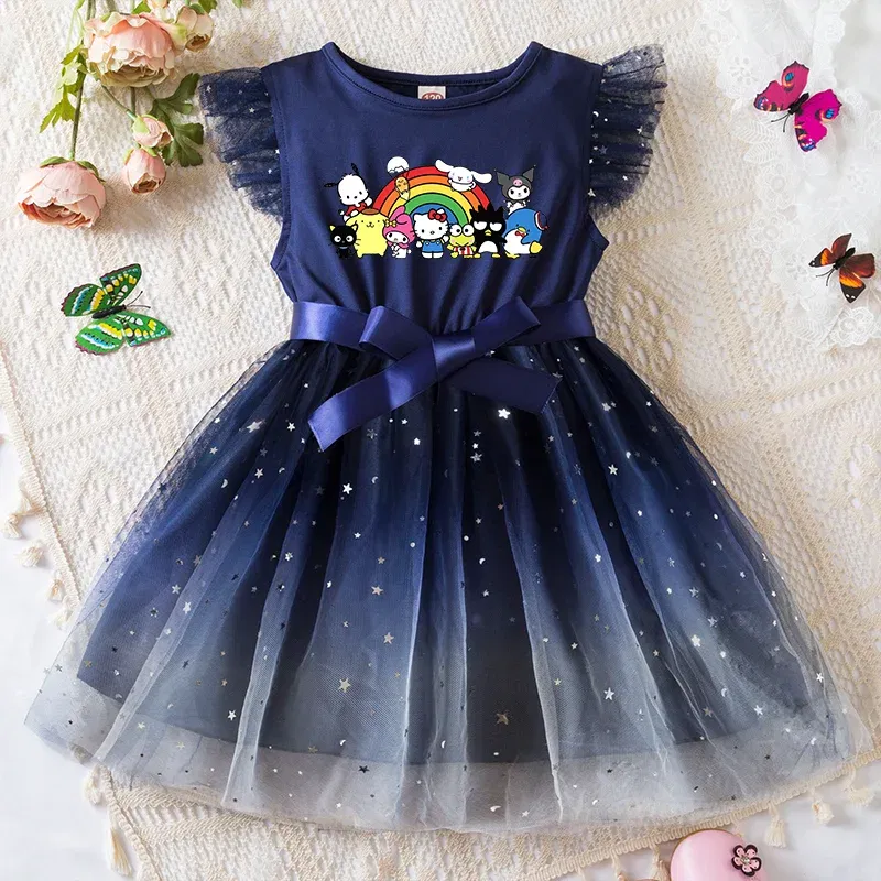 Color: Chocolate, Kid Size: 4T - Hello Kitty Girls Sequin Tutu Dress with Bow Flutter Sleeves Summer Princess Party Outfit for Toddler Kids 2-6 Years