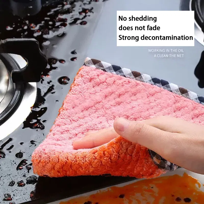 Color: Orange - Kitchen Daily Dish Towel Cloth Kitchen Rag Non-stick Oil Thickened Table Cleaning Cloth Double-layer Absorbent Microfiber