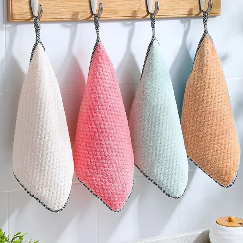 Color: Orange - Kitchen Daily Dish Towel Cloth Kitchen Rag Non-stick Oil Thickened Table Cleaning Cloth Double-layer Absorbent Microfiber