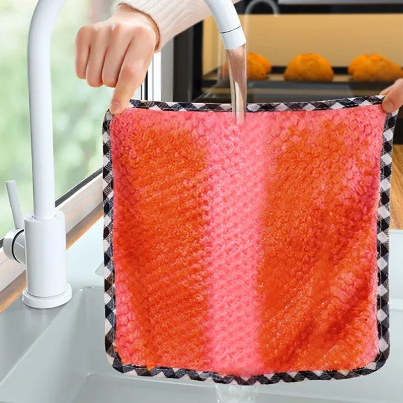 Color: Orange - Kitchen Daily Dish Towel Cloth Kitchen Rag Non-stick Oil Thickened Table Cleaning Cloth Double-layer Absorbent Microfiber