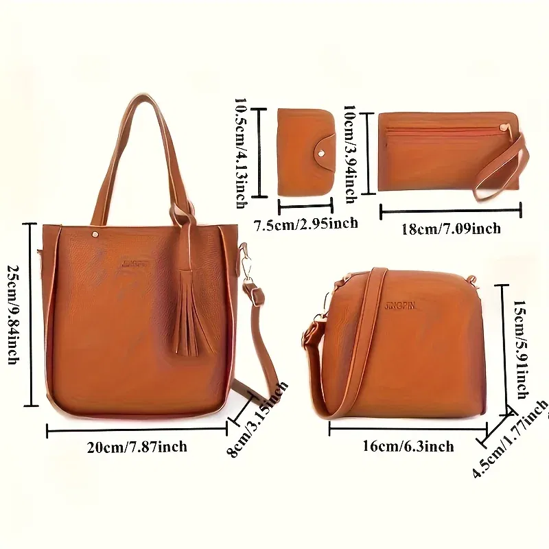 Color: Brown - 4pcs Elegant Minimalist Women'S Shoulder Bag, Handbag, Crossbody Bag, Women Storage Bag, Holiday Gift, Synthetic, Zipper Closure