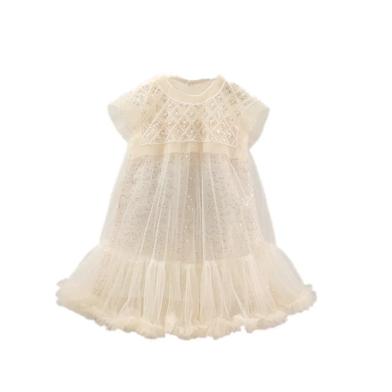 Color: Beige, Kid Size: 4 - Girls' Princess Dress 2023 Spring Summer Children's Wear Korean Pearl Neck Princess Dress Fashion Yarn Dress