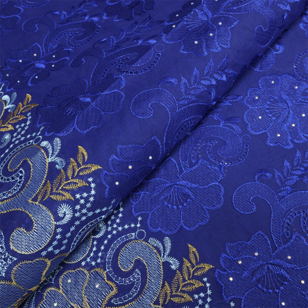 Color: Blue, Length: 5 yards, Width: 120cm - Latest Dry Cotton African Lace Fabric High Quality 2024 Swiss Voile Lace Fabric with Stones For Nigeria Wedding Sewing Dresses