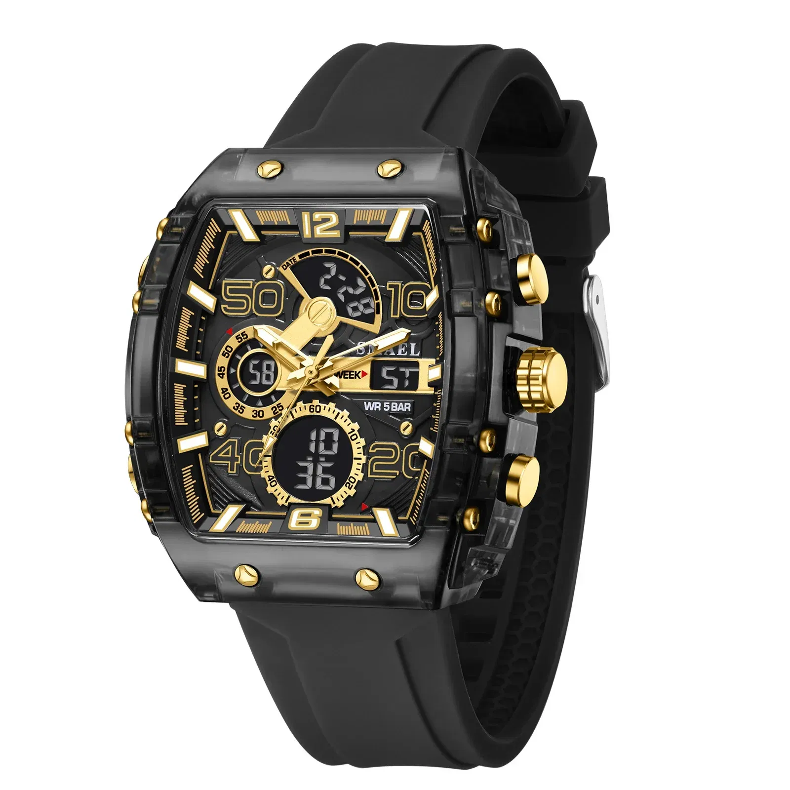 Color: Coffee - SMAEL 8109 New Men's Watch Multifunctional Sports 50M Waterproof Dual Display LED Night Light Leisure Student Electronic Watch