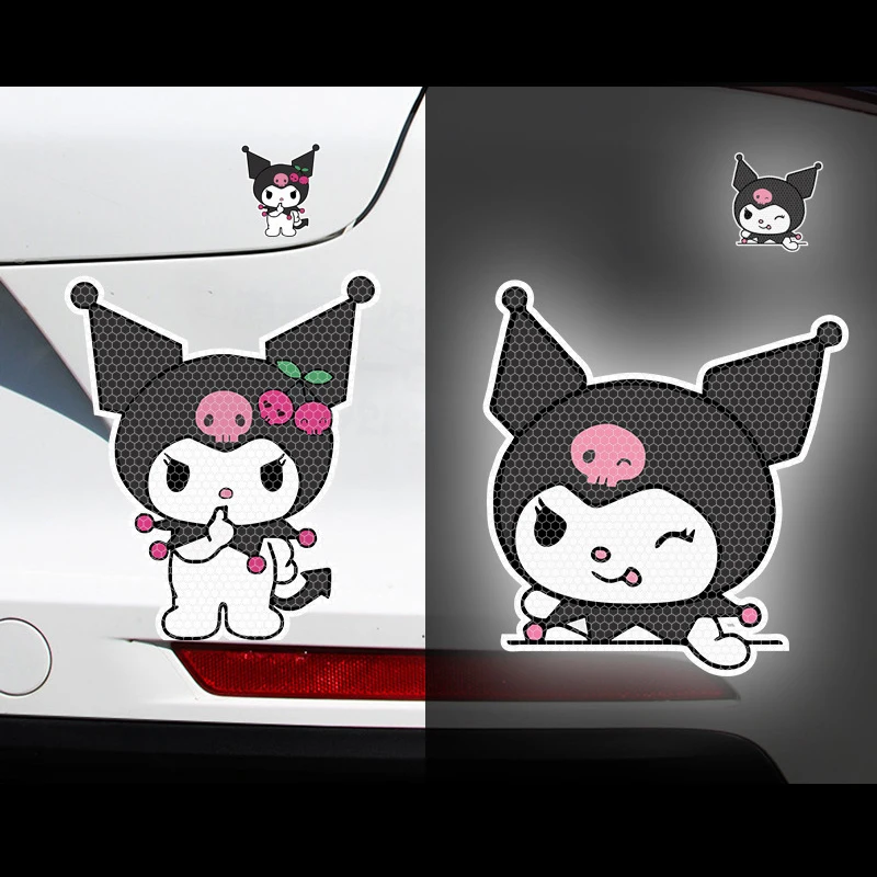 Color: Brown - Anime Kuromi Hellokitty Car Sticker Reflective Warning Safety Tape Anti Collision Reflective Sticker Car Accessories