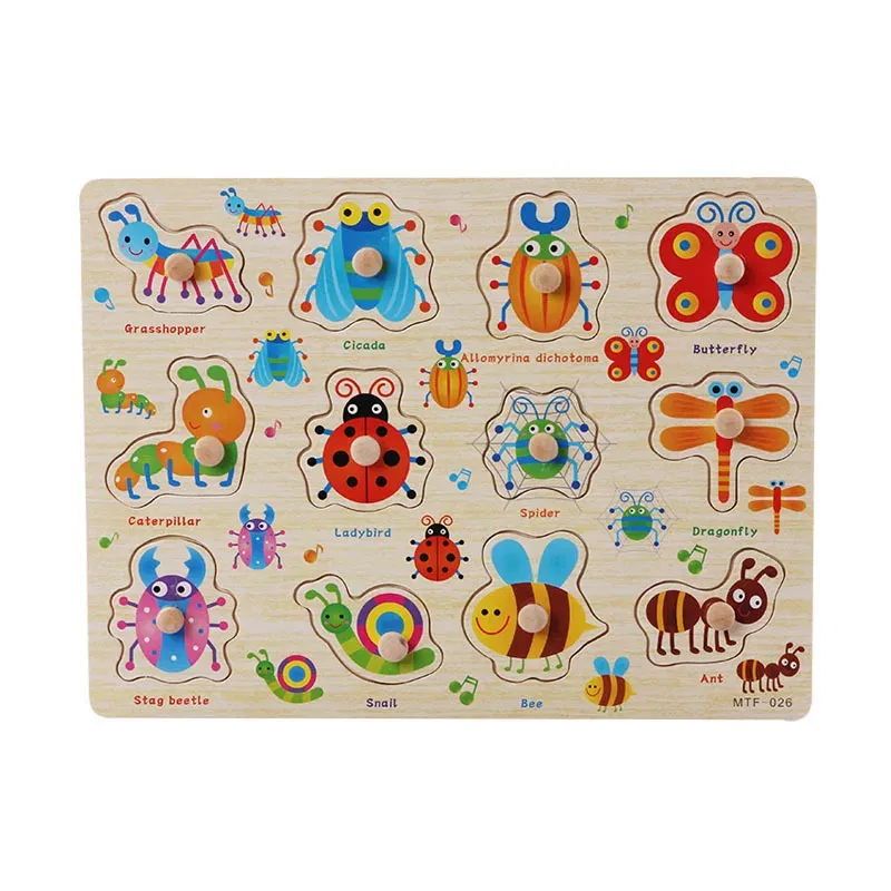 Color: Khaki - Baby Wooden Puzzles Montessori Toys 1 2 Years Toddler Toys Hand Grab Board Alphabet Number Cognition Learning Educational Toys