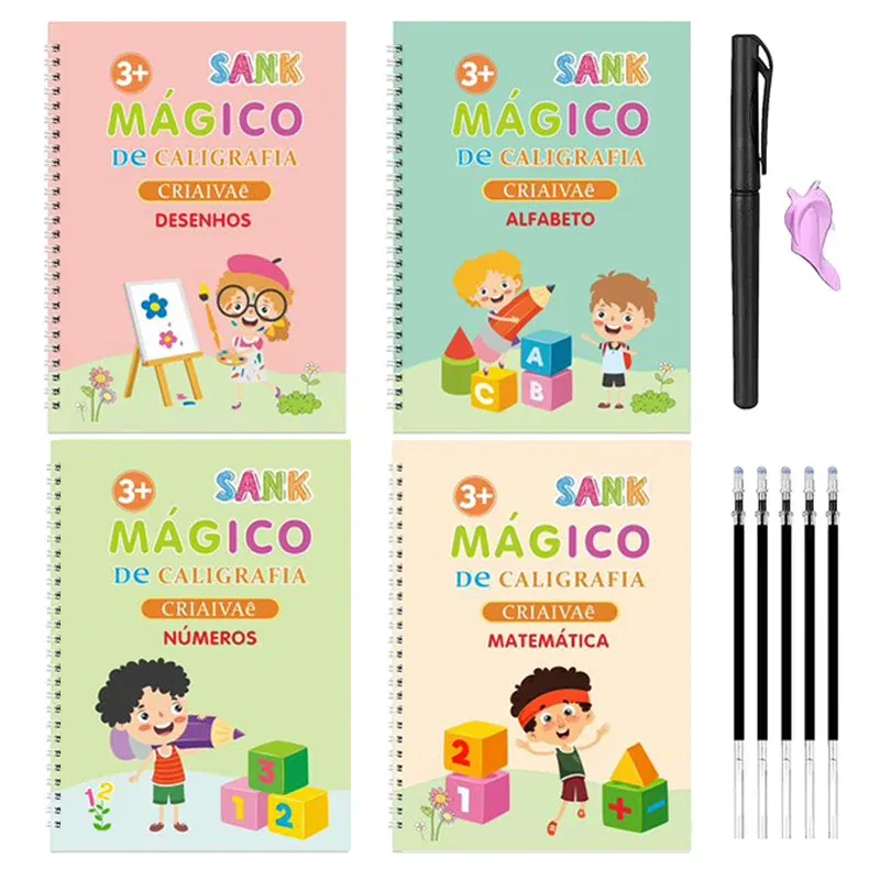 Color: RED - Magic Writing Book in Portuguese Calligraphy Notebook Montessori Kids Reusable Educational Calligraphic Letter Practice Toy