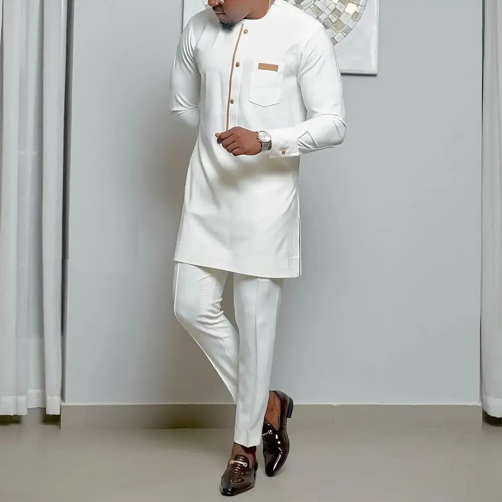 Color: Pink, Size: L - 2024 New African Traditional Men's Set Elegant and Fashionable Men's Suit Casual Embroidery Two Piece Set Men's Suit Kaftan