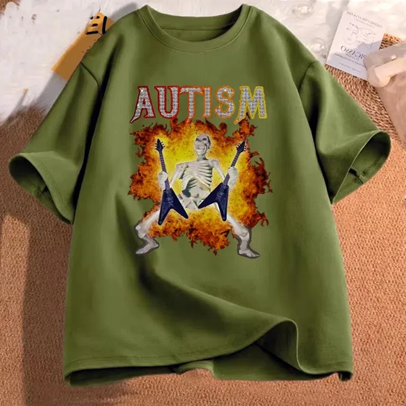 Color: Yellow, Size: L - Autistic Funny Skeleton T Shirt Women Men Autism Edgy Skeleton Meme T-shirt Casual Short Sleeve Tshirt Round Neck Clothes