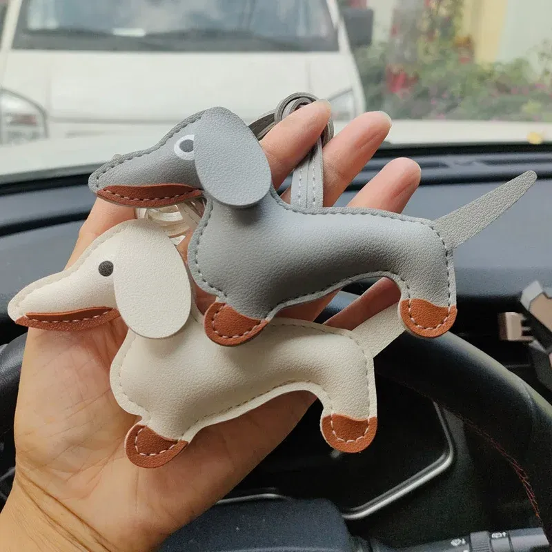 Color: WHITE - Classic Cute Puppy Dog Bag Pendant Key chain Fashion PU Leather Dachshund key Ring Accessories