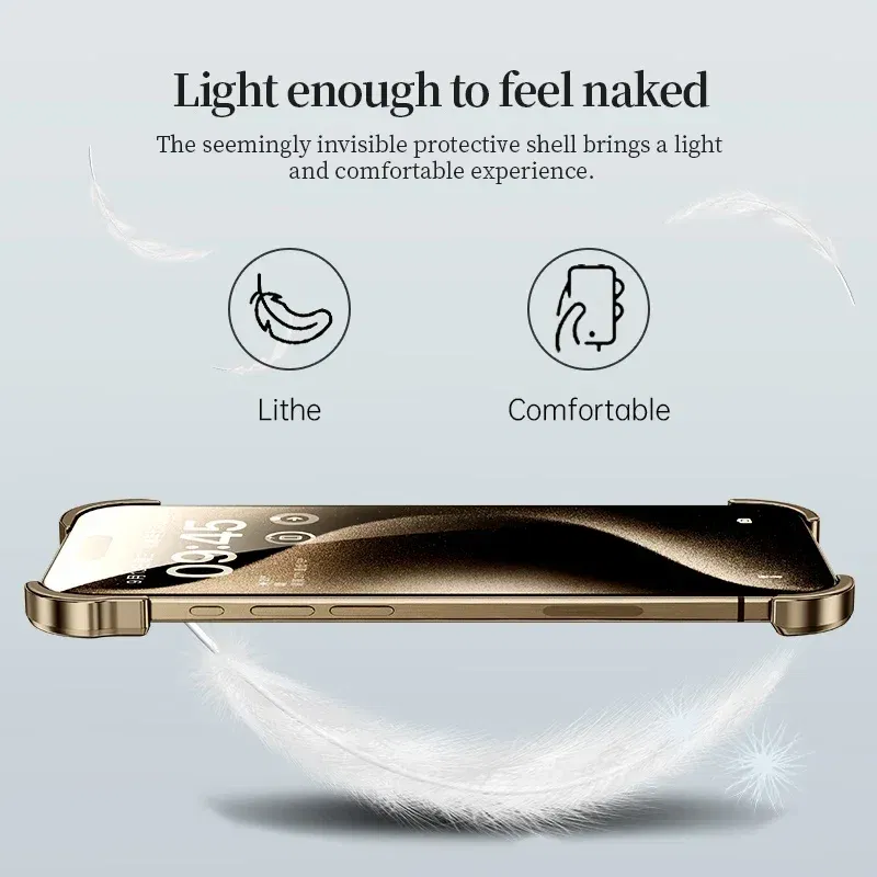 Color: WHITE, Material: Vinyl - Aluminum Metal Rimless Phone Case for iPhone 16 15 14 Plus 13 12 Pro Max Lens Protective Film Hollow Logo Cooling Accessory Case