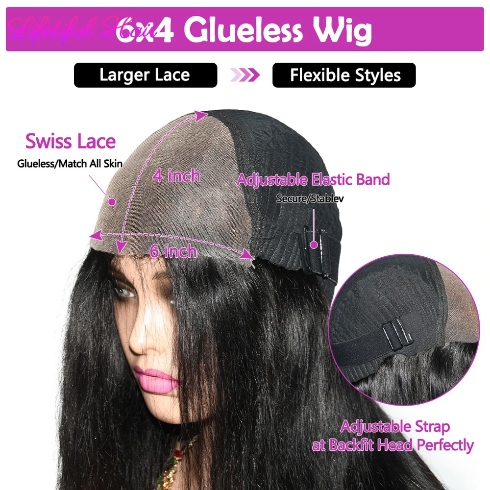 Hair Color: #1B, Density: 200%, Ships From: CHINA, Stretched Length: 20inches - 32 Inch 6x4 Bone Straight Human Hair Wigs Glueless Wig Human Hair Ready To Wear Pre-cut Brazilian 100% Human Hair Wigs For Women