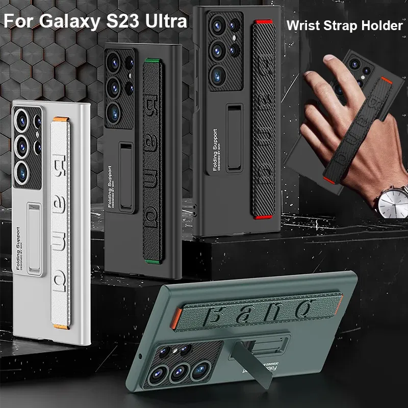 Color: black, Material: ABS - S24 Ultra Wrist Strap Holder Case For Samsung Galaxy S23 Ultra Carbon Fiber Shockproof Armor Camera Protector Kickstand Cover